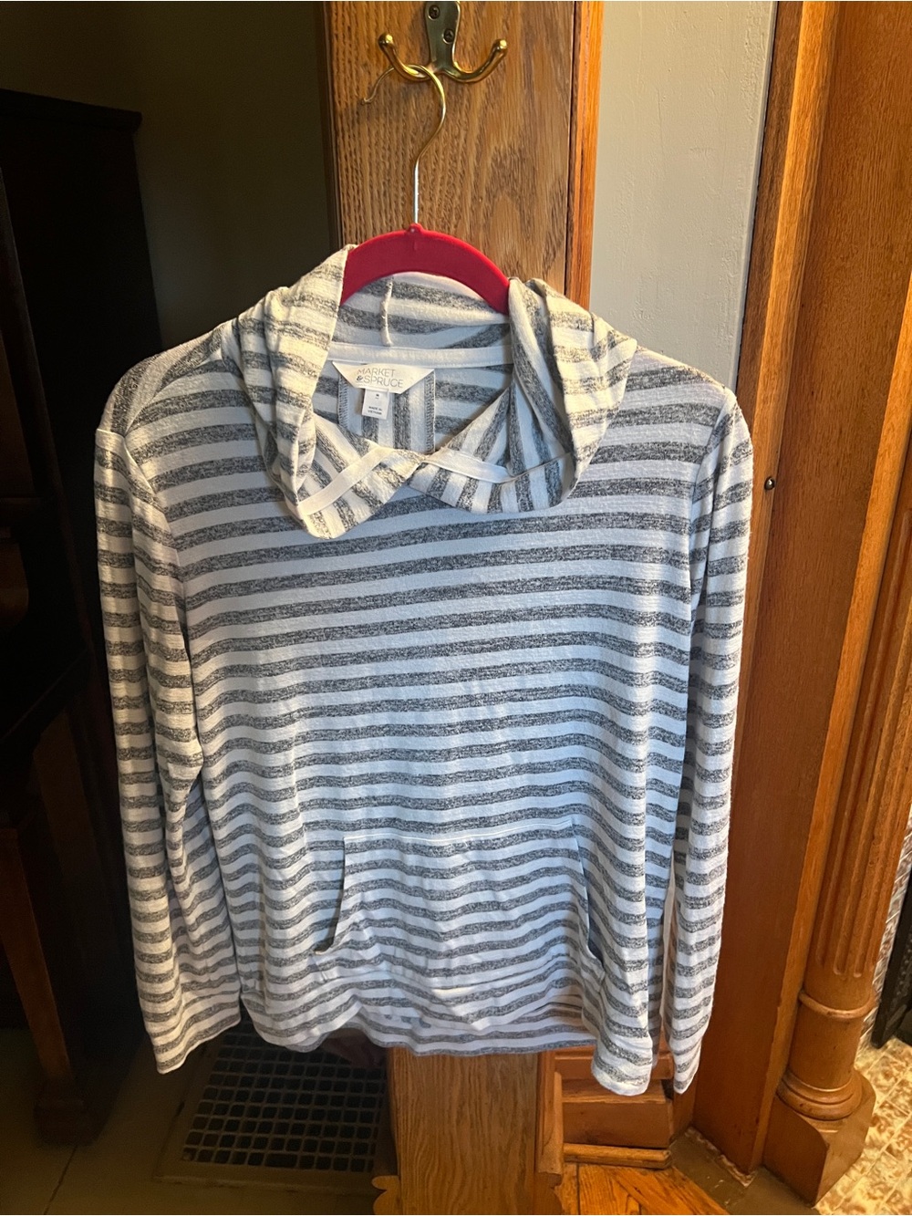 Market & Spruce White and Gray Striped Hooded Pullover